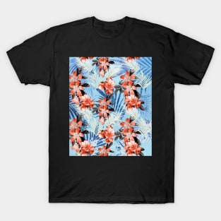 Palm Leaves And Flowers, Red Blue T-Shirt